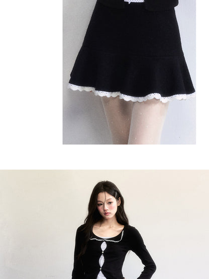 Wool-Blend Flared Peplum Skirt With Lace Trim