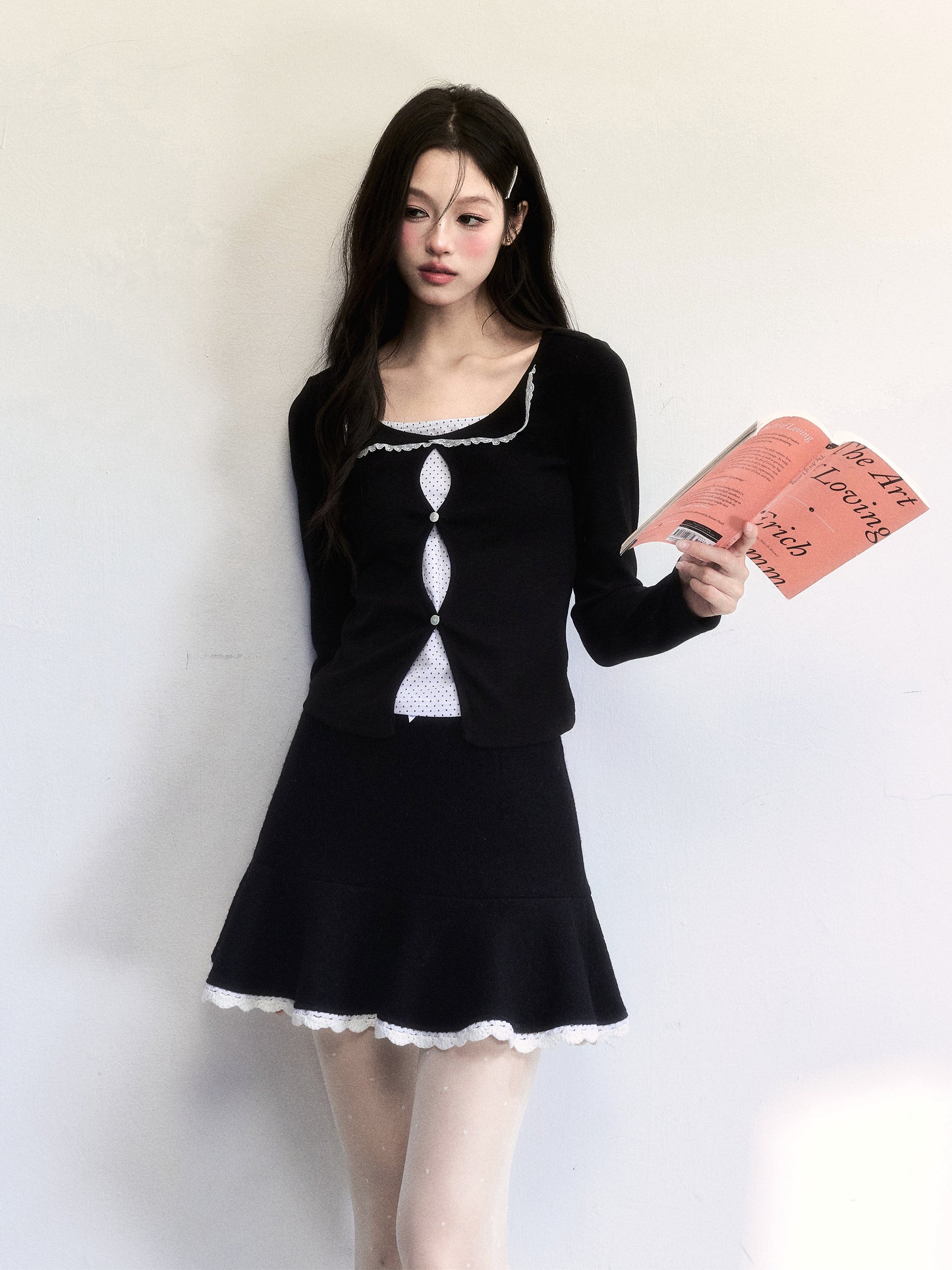 Wool-Blend Flared Peplum Skirt With Lace Trim