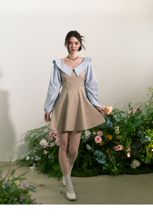 Faux-Layered Striped Shirt Dress With Pleated Sleeves