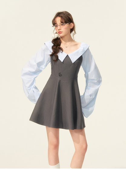 Faux-Layered Striped Shirt Dress With Pleated Sleeves
