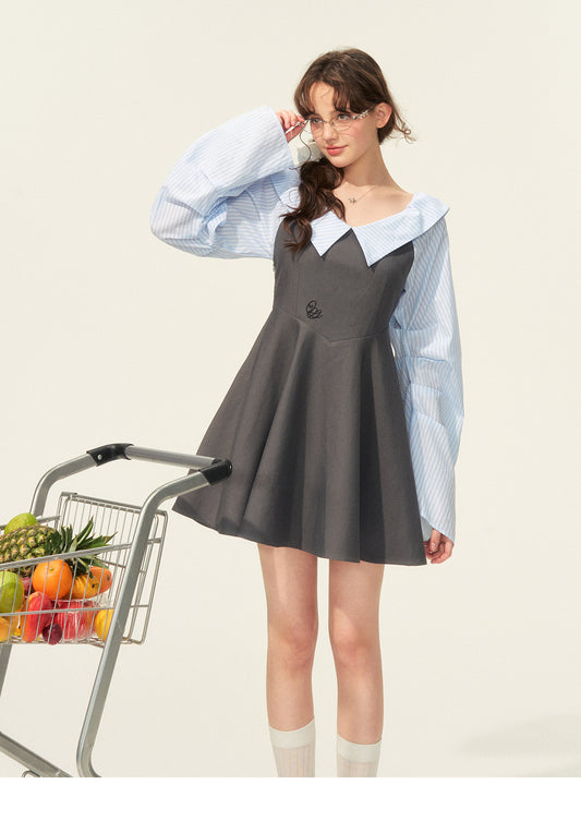 Faux-Layered Striped Shirt Dress With Pleated Sleeves