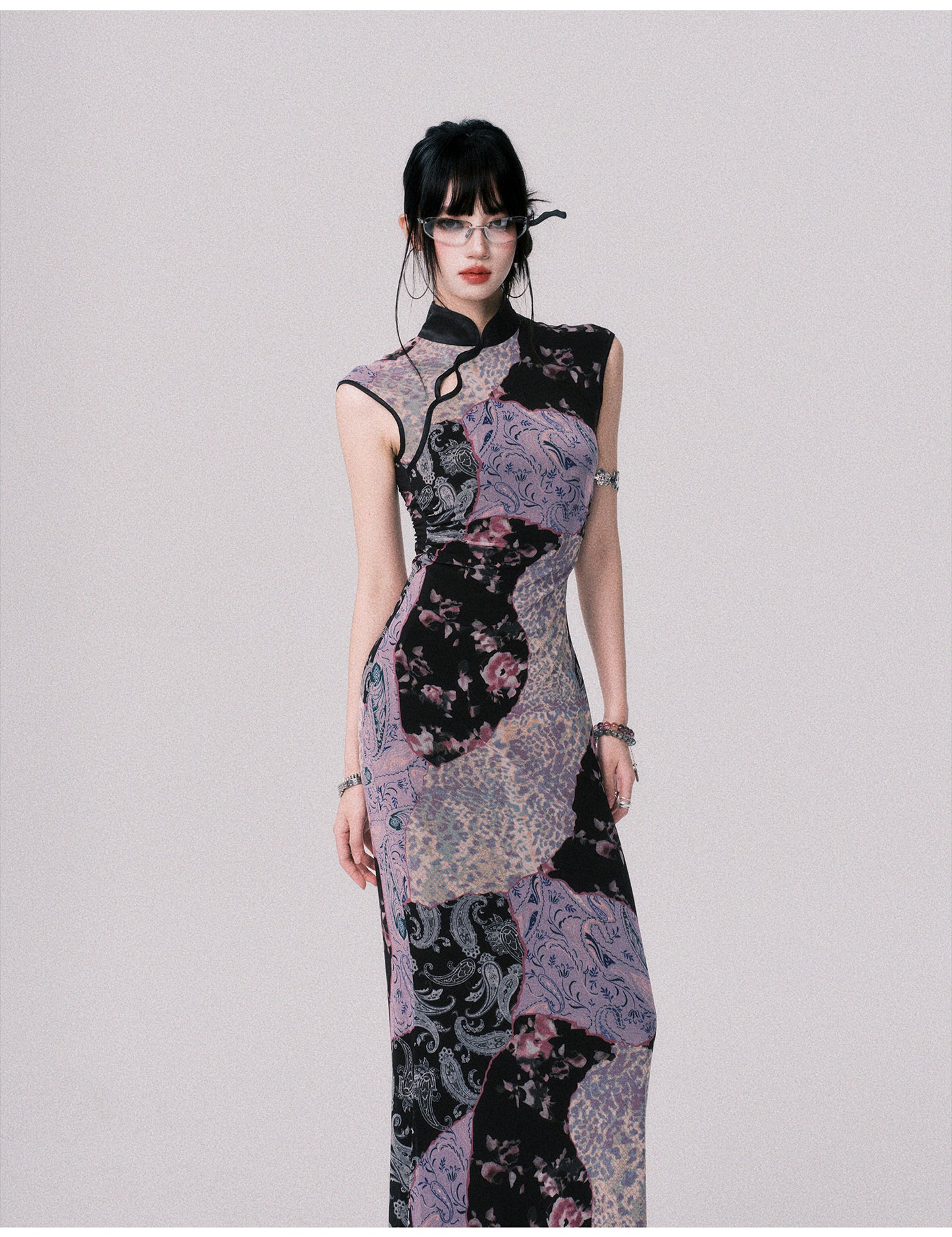 Qipao-Style Patchwork Print Dress In 2 Lengths