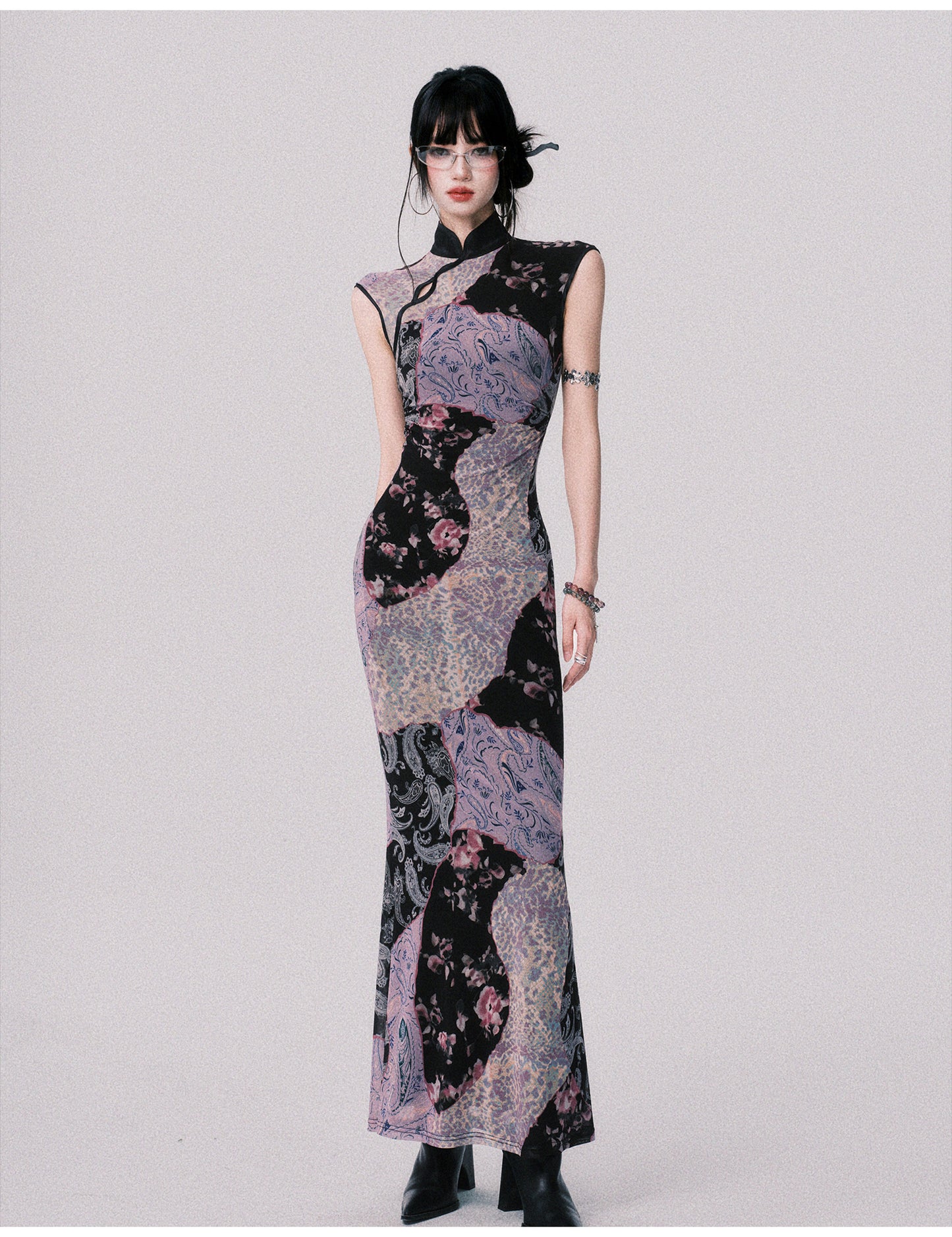 Qipao-Style Patchwork Print Dress In 2 Lengths