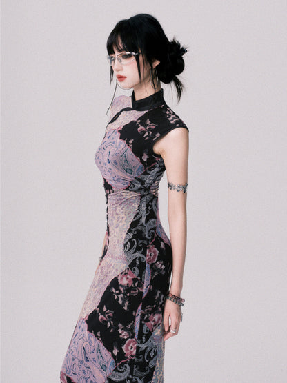 Qipao-Style Patchwork Print Dress In 2 Lengths