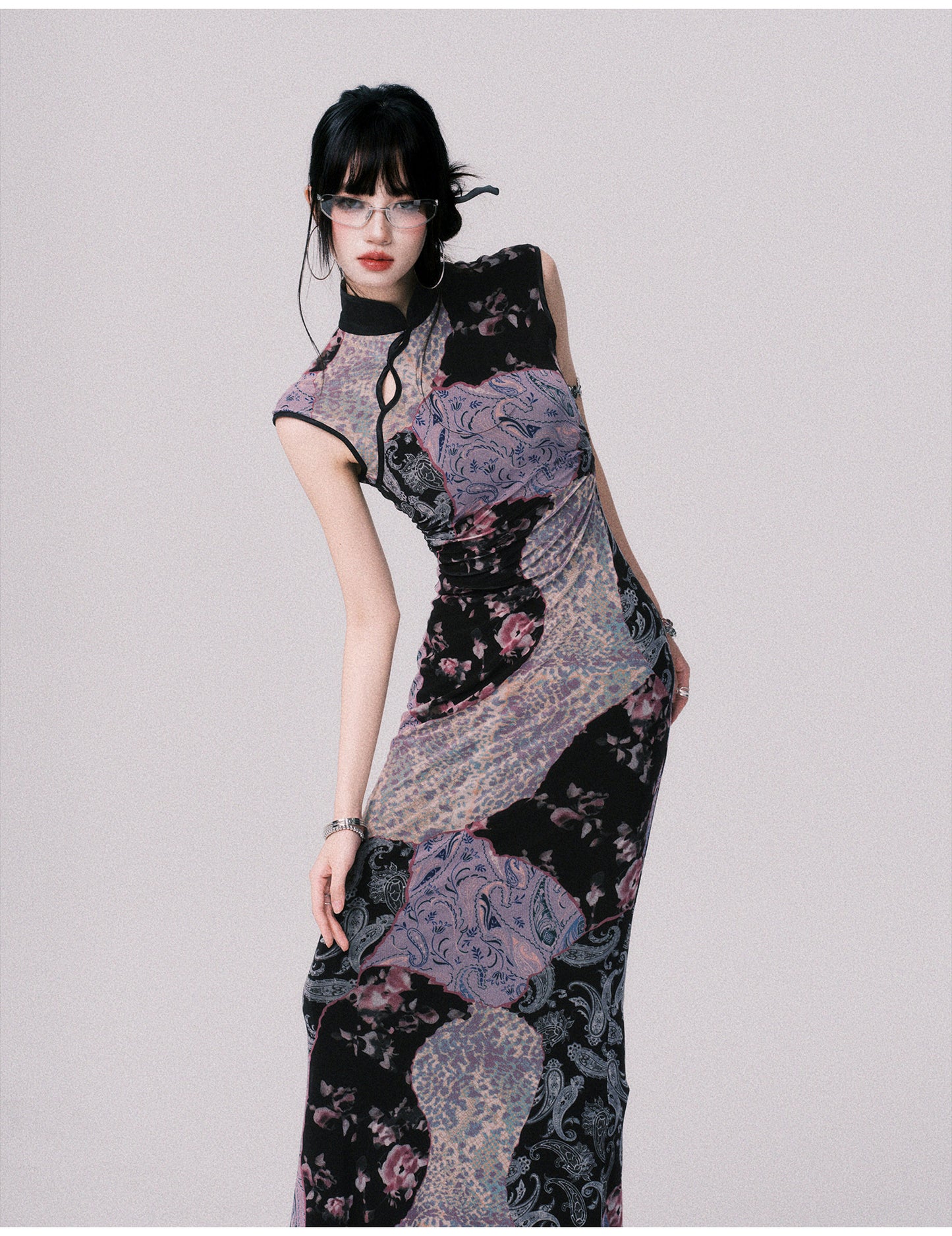 Qipao-Style Patchwork Print Dress In 2 Lengths