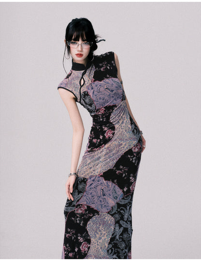 Qipao-Style Patchwork Print Dress In 2 Lengths