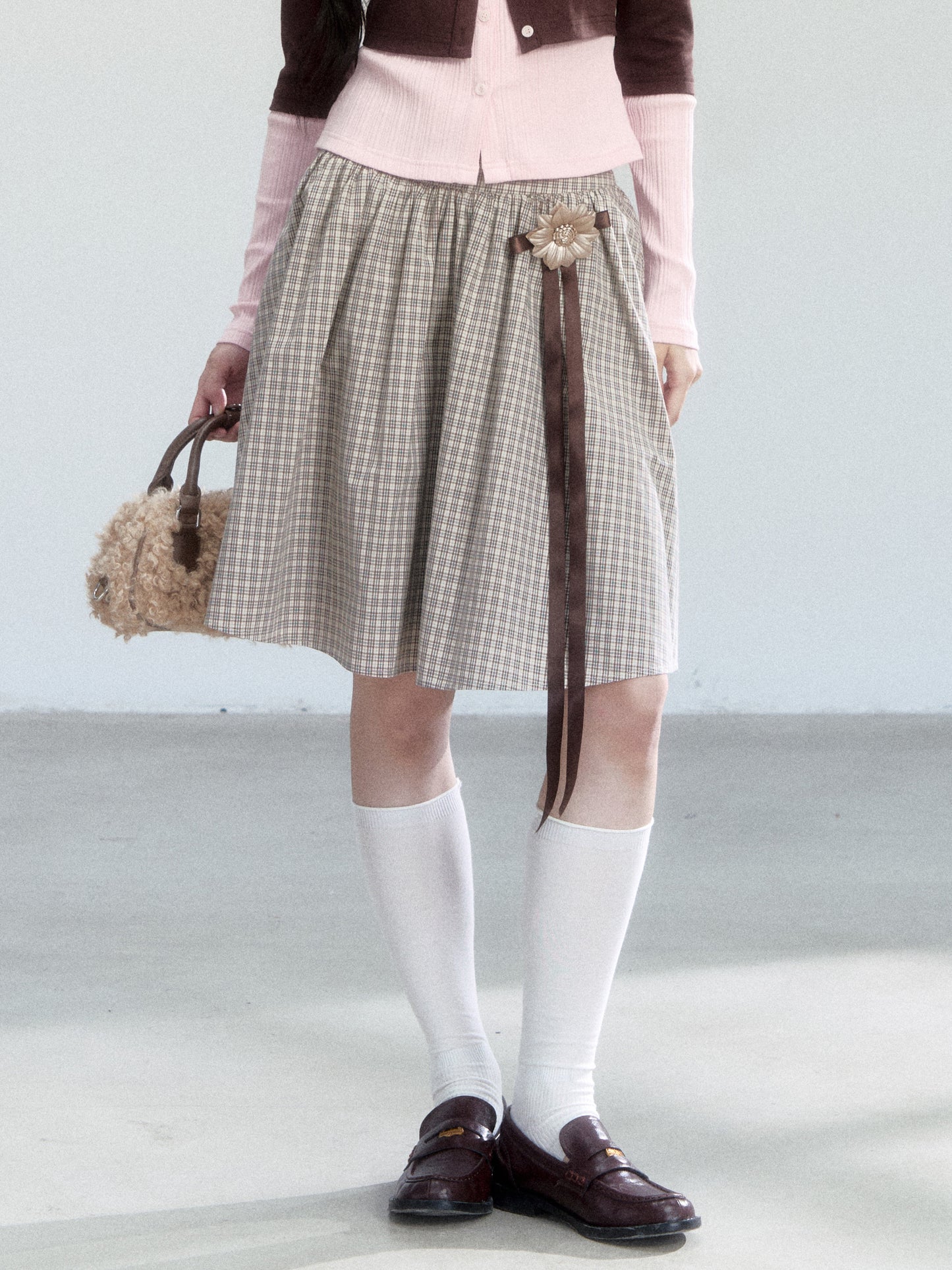 Pure Cotton Plaid Flare Midi Skirt