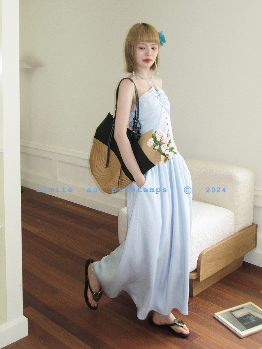 Buttoned Ruched Tube Dress With Halter Strap