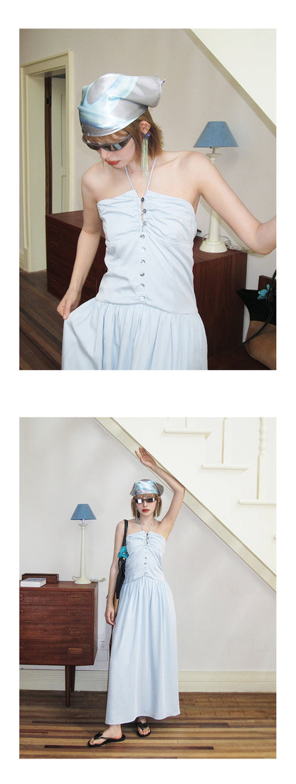 Buttoned Ruched Tube Dress With Halter Strap