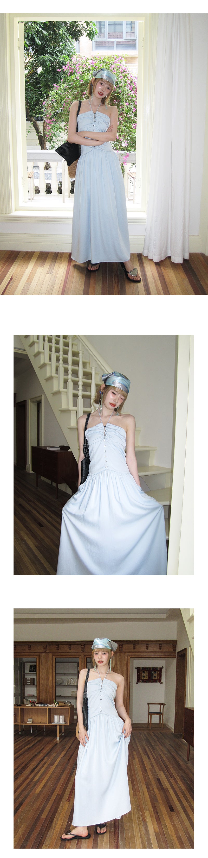 Buttoned Ruched Tube Dress With Halter Strap