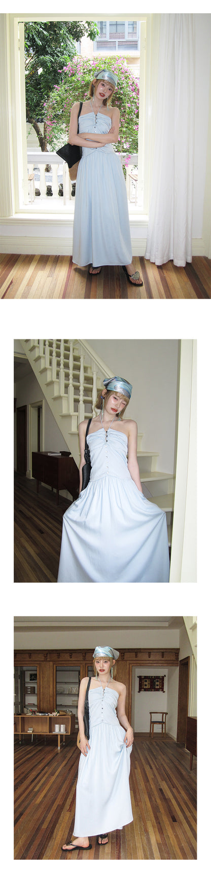 Buttoned Ruched Tube Dress With Halter Strap