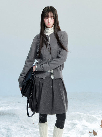 Plaid-Detail Cable Knit Cardigan