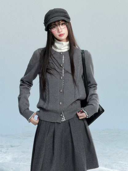 Plaid-Detail Cable Knit Cardigan