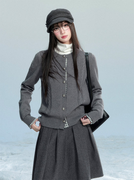 Plaid-Detail Cable Knit Cardigan