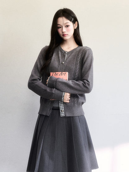 Plaid-Detail Cable Knit Cardigan