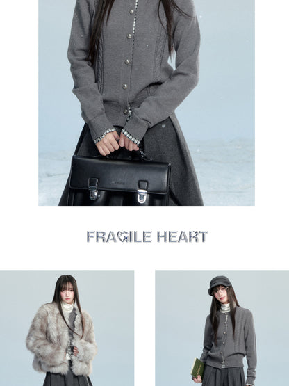 Plaid-Detail Cable Knit Cardigan