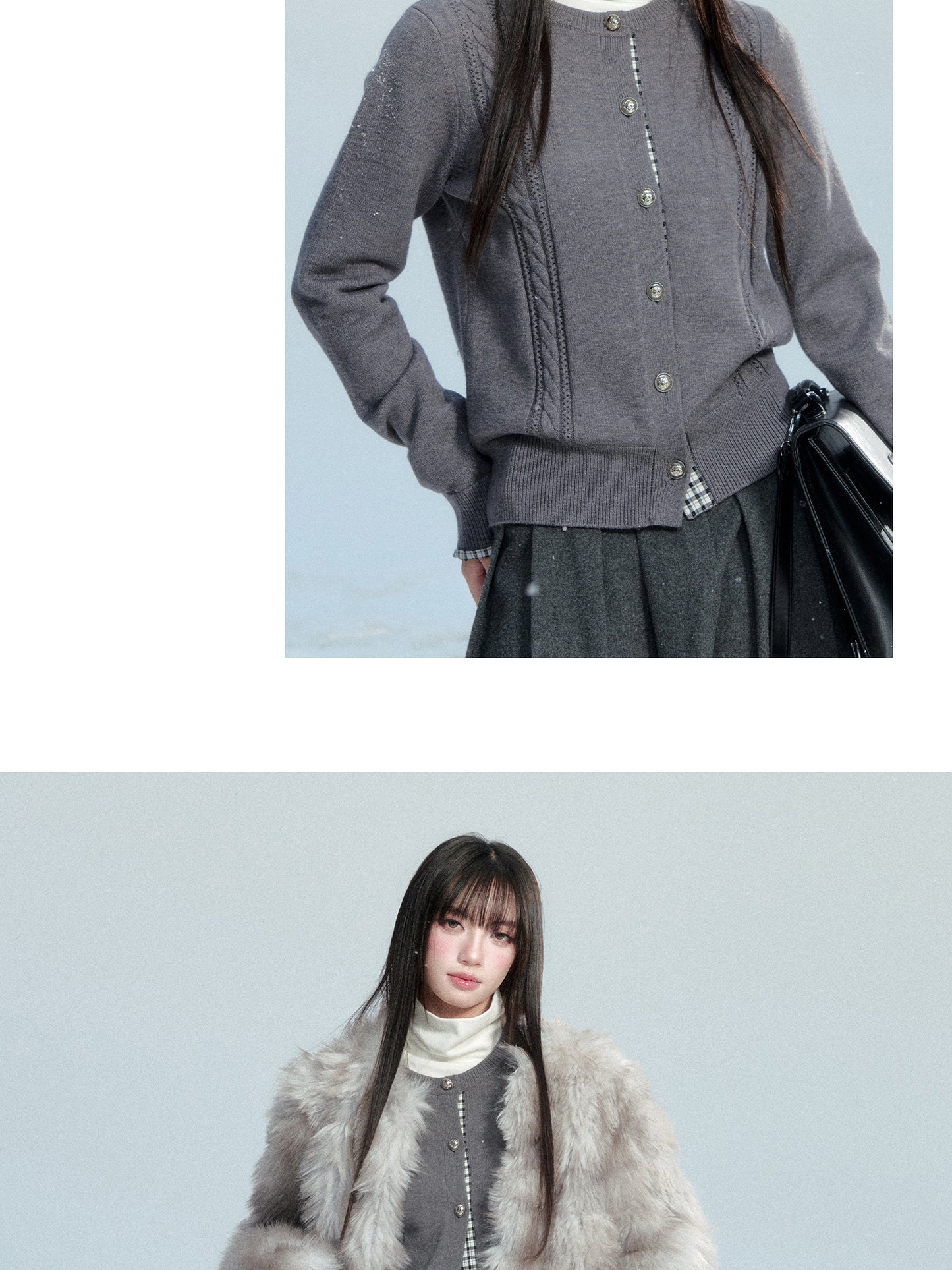 Plaid-Detail Cable Knit Cardigan