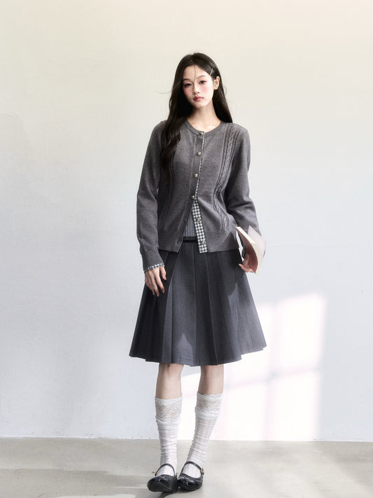 Plaid-Detail Cable Knit Cardigan