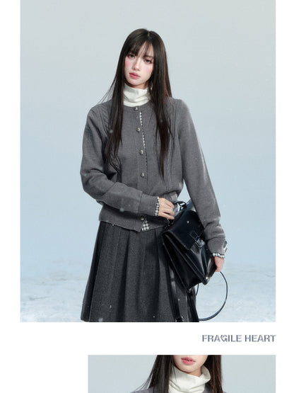 Plaid-Detail Cable Knit Cardigan