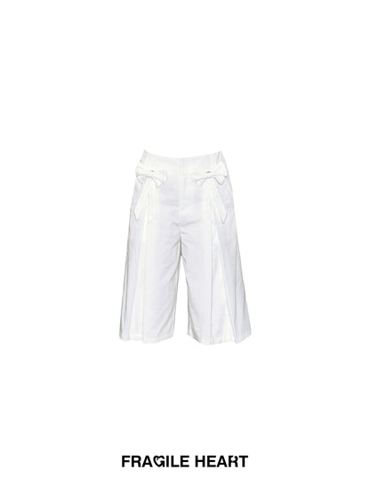 Pleated Cotton Bermuda Pants With Bow Detail