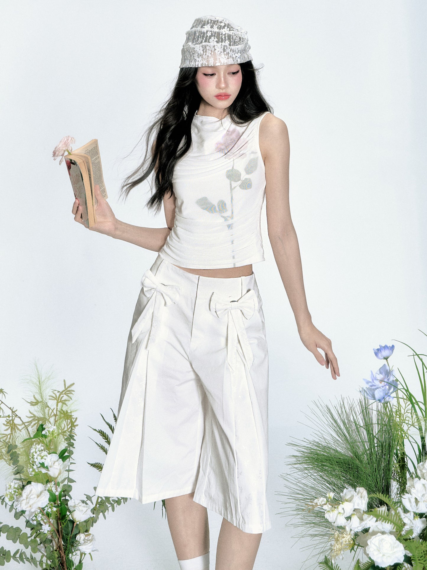 Pleated Cotton Bermuda Pants With Bow Detail
