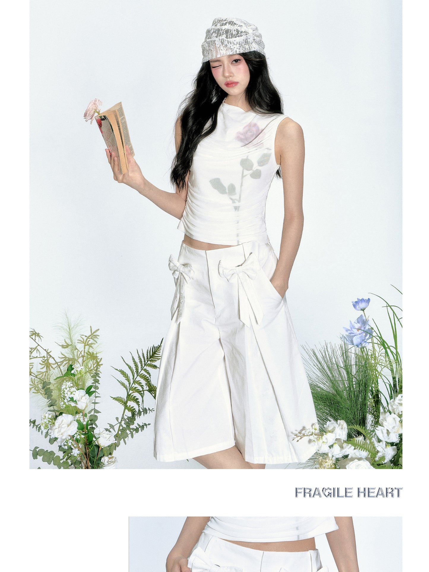 Pleated Cotton Bermuda Pants With Bow Detail