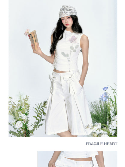 Pleated Cotton Bermuda Pants With Bow Detail