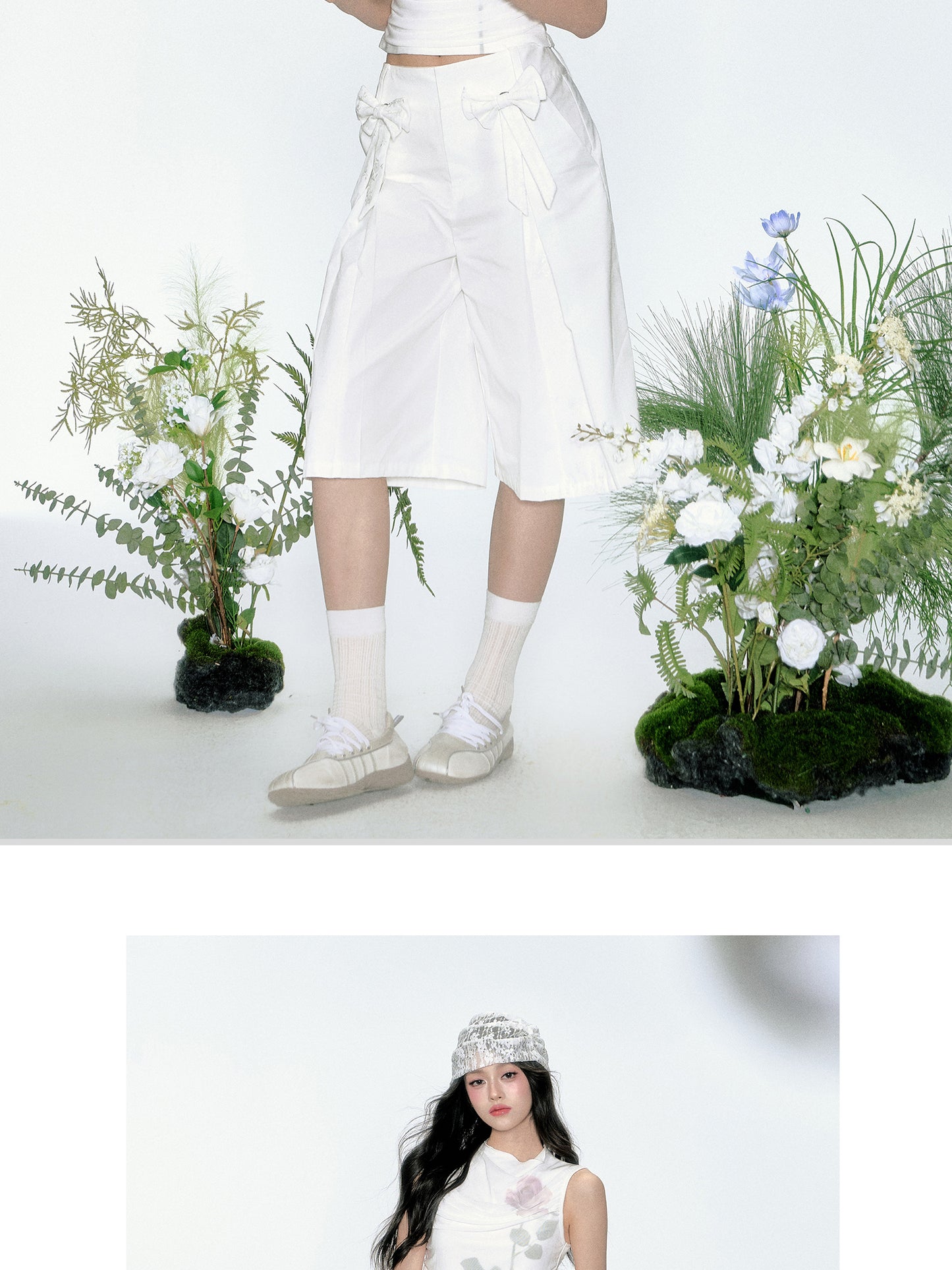 Pleated Cotton Bermuda Pants With Bow Detail
