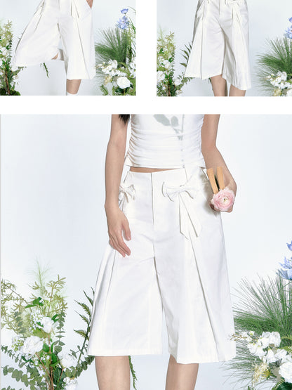 Pleated Cotton Bermuda Pants With Bow Detail