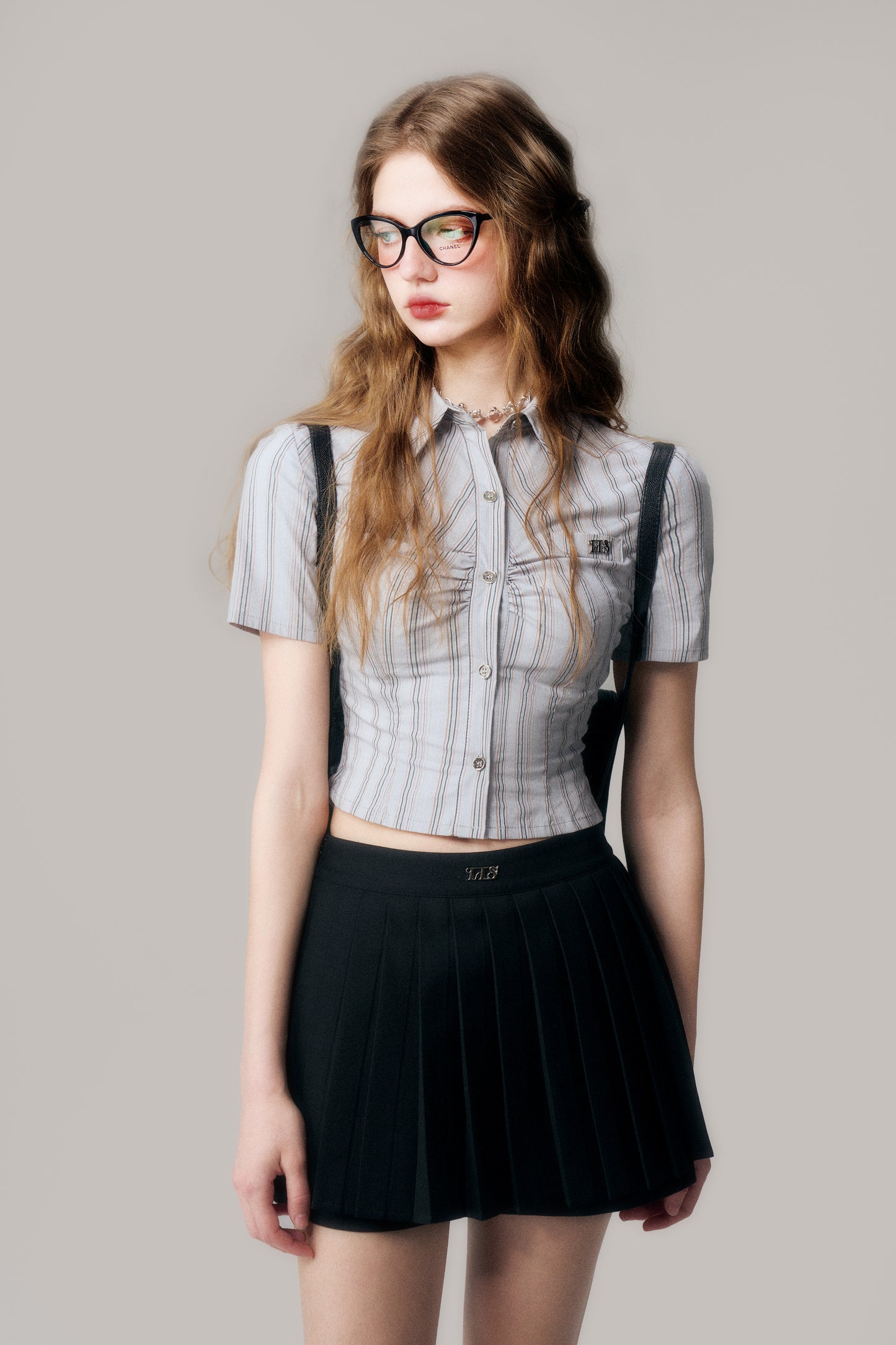 Silver Button Ruched Schoolgirl Striped Shirt