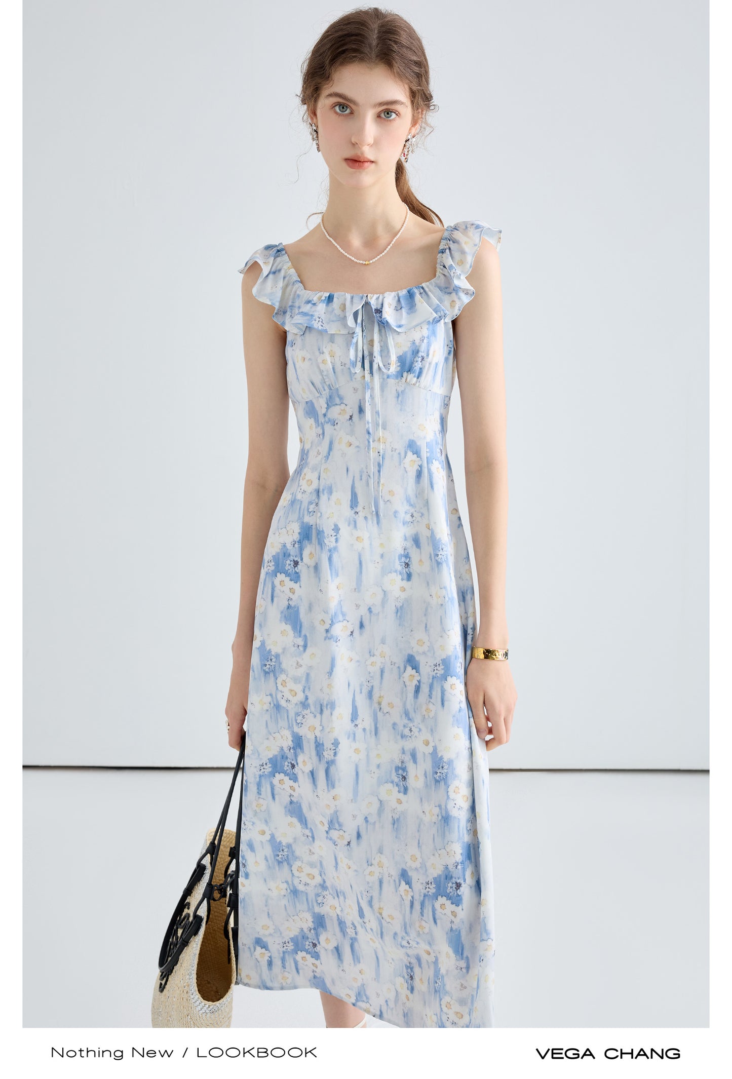 Floral Gradient Print Dress With Ruffled Neckline