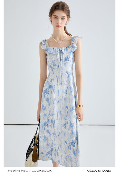 Floral Gradient Print Dress With Ruffled Neckline