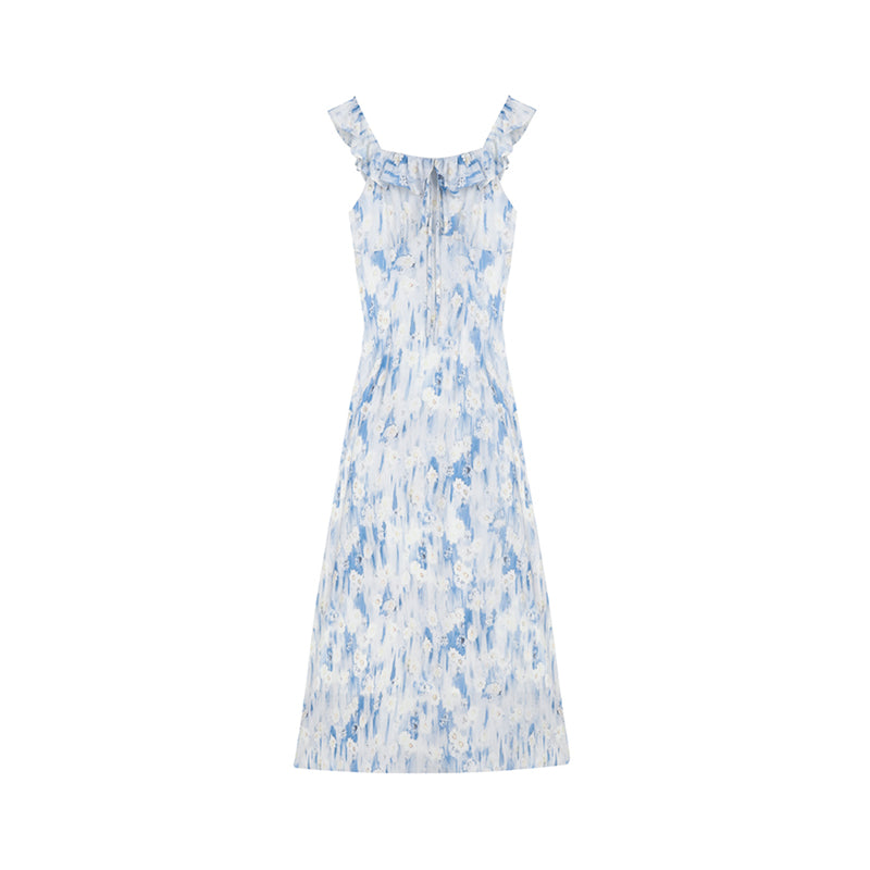 Floral Gradient Print Dress With Ruffled Neckline