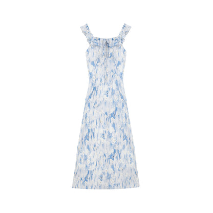 Floral Gradient Print Dress With Ruffled Neckline