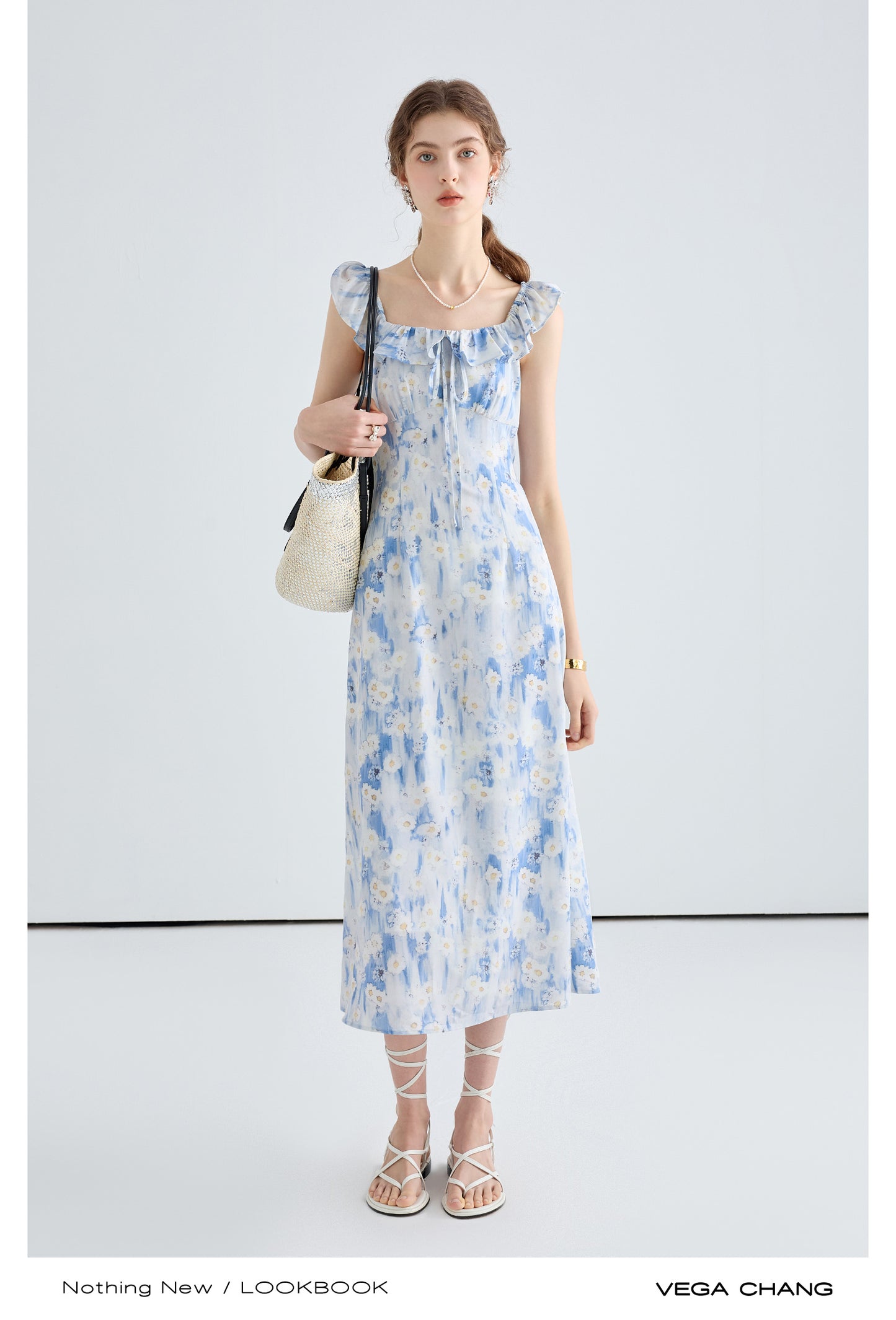 Floral Gradient Print Dress With Ruffled Neckline