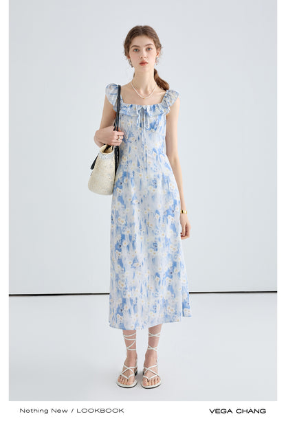 Floral Gradient Print Dress With Ruffled Neckline
