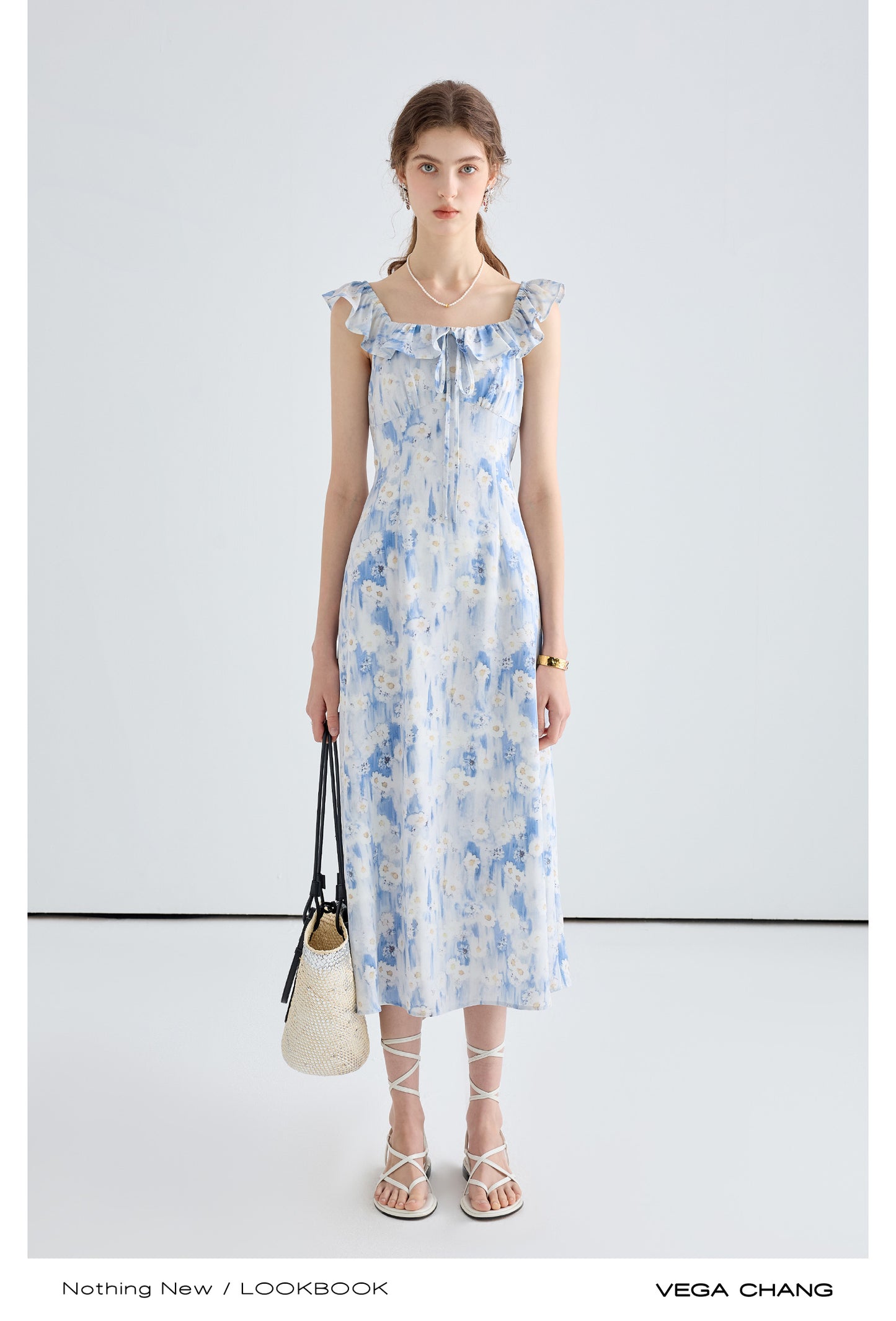 Floral Gradient Print Dress With Ruffled Neckline