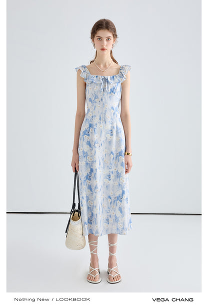 Floral Gradient Print Dress With Ruffled Neckline