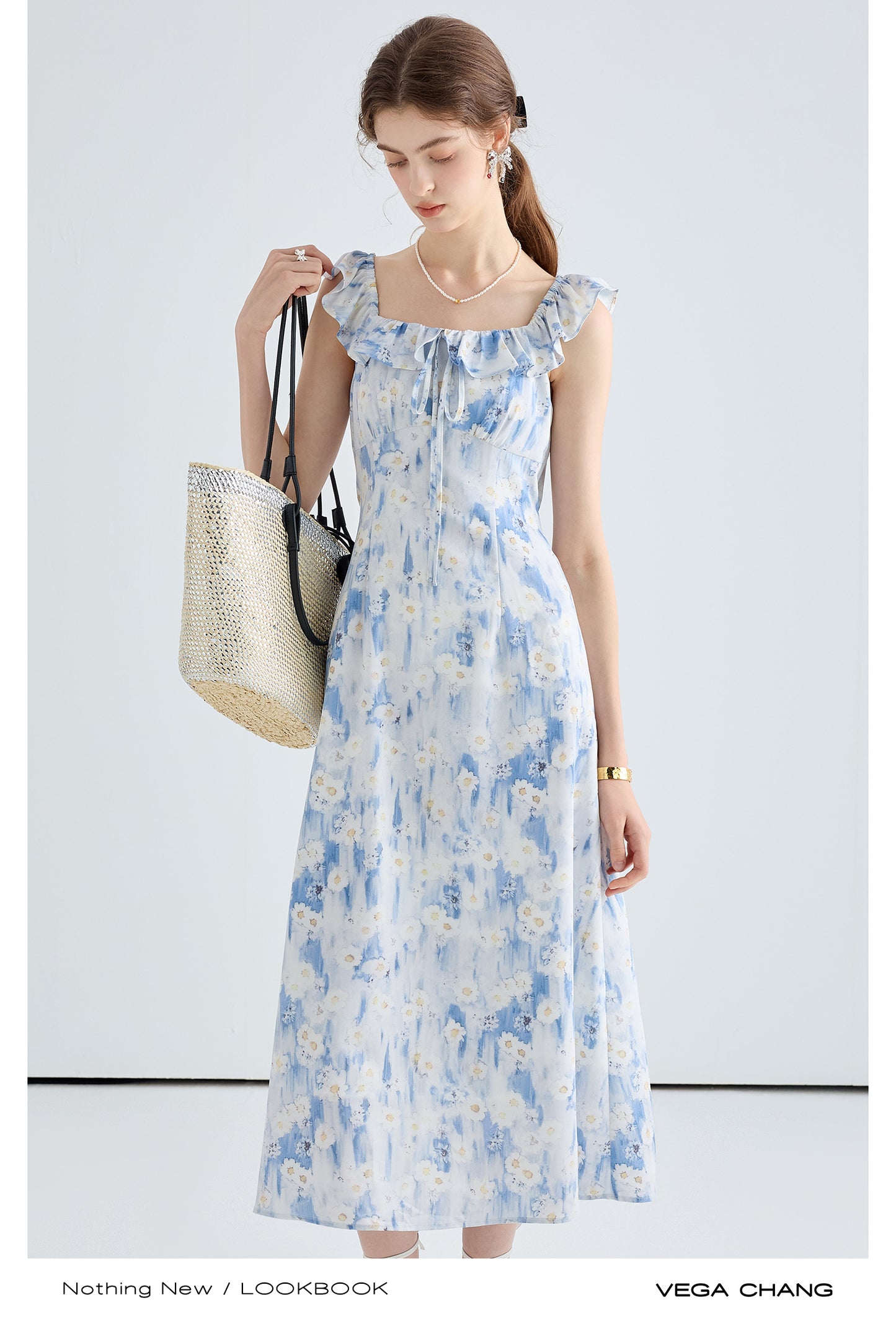 Floral Gradient Print Dress With Ruffled Neckline