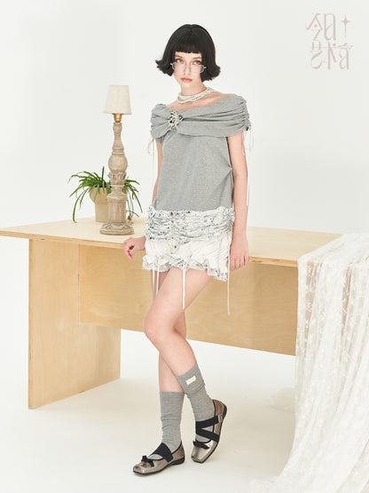Ruched Shorts With Sequin Metallic Hem