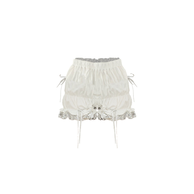 Ruched Shorts With Sequin Metallic Hem