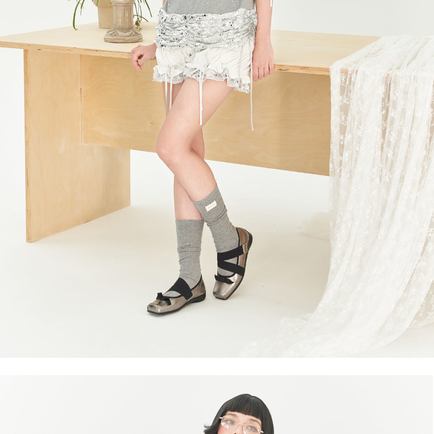 Ruched Shorts With Sequin Metallic Hem