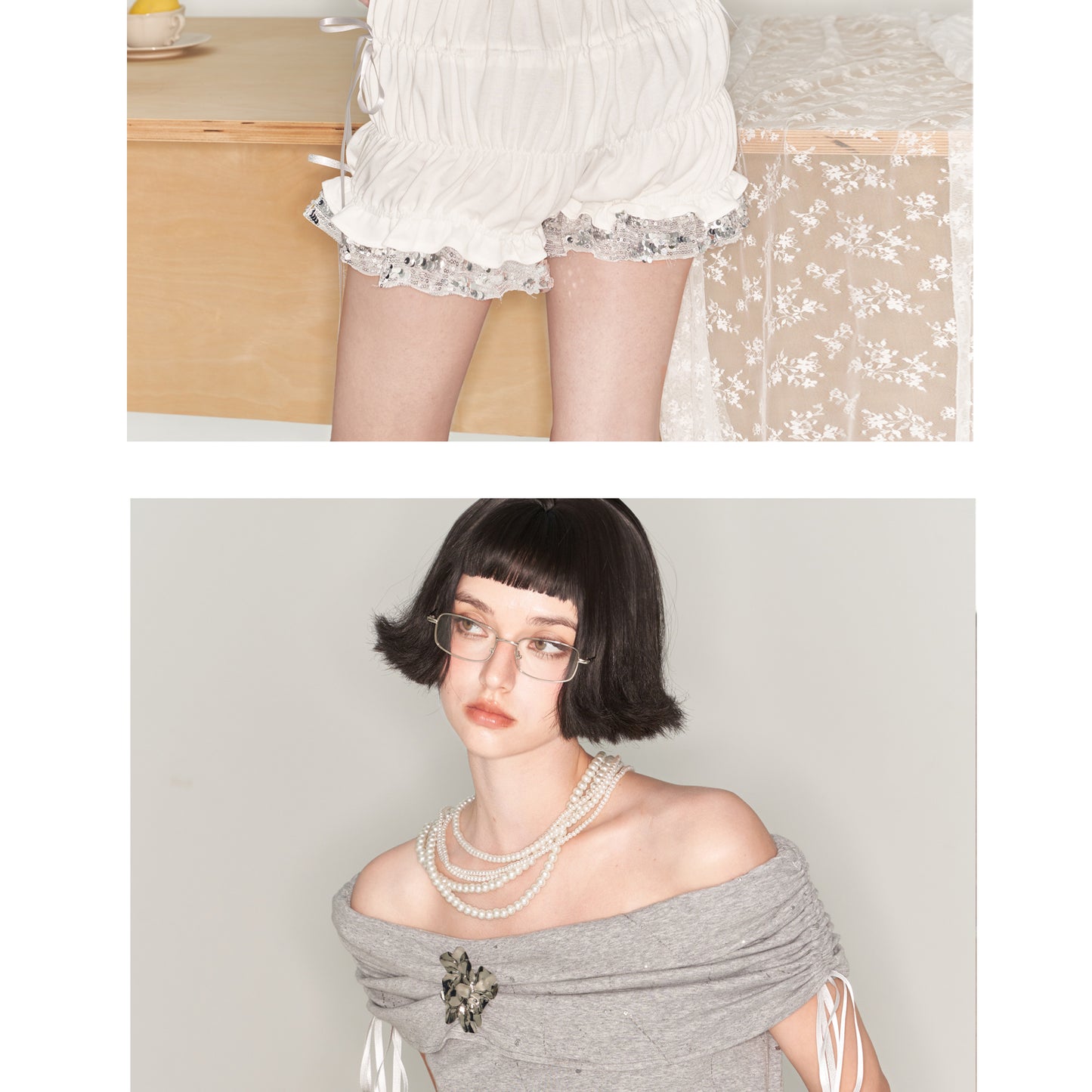 Ruched Shorts With Sequin Metallic Hem