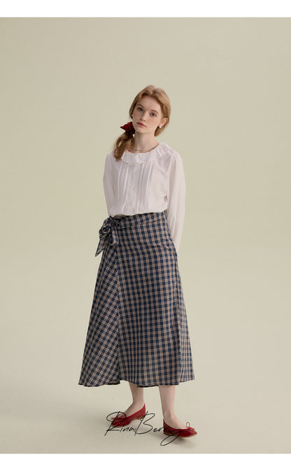 Cotton Blend High-Waist Plaid Wrapped Skirt