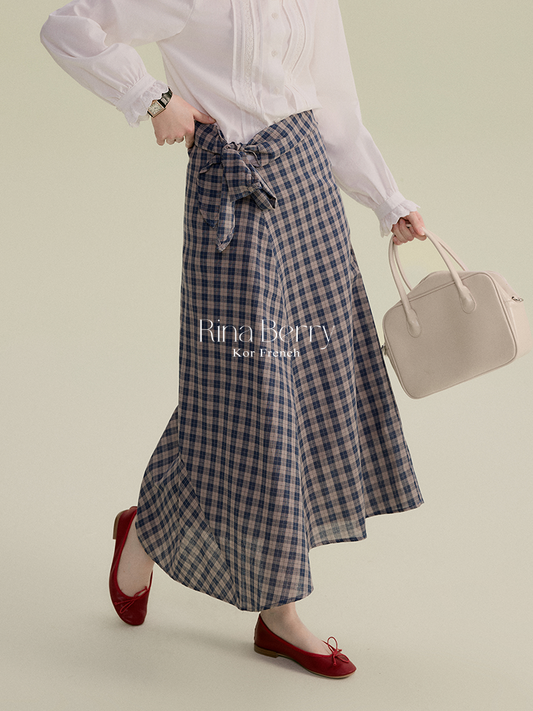 Cotton Blend High-Waist Plaid Wrapped Skirt