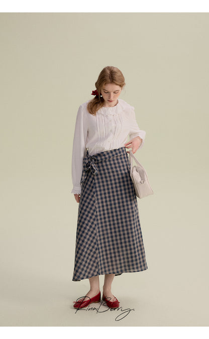 Cotton Blend High-Waist Plaid Wrapped Skirt