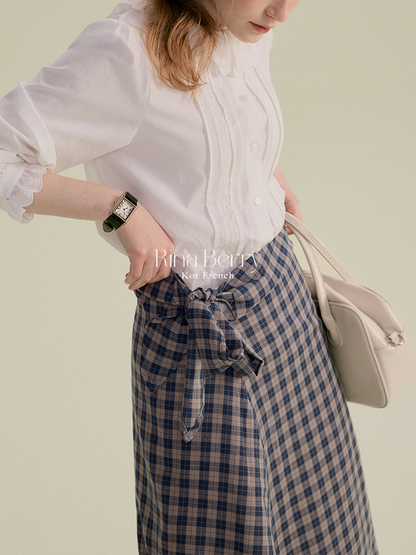 Cotton Blend High-Waist Plaid Wrapped Skirt