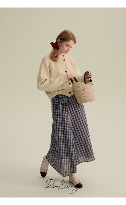 Cotton Blend High-Waist Plaid Wrapped Skirt