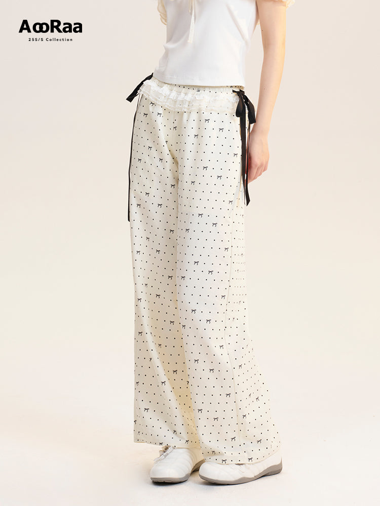 Bow & Dot Printed Pants With Waist Ruffle