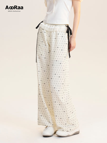 Bow & Dot Printed Pants With Waist Ruffle